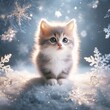 Cute little kitten sitting on snow with snowflakes background.