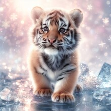 Cute Little Tiger Cub On Snow Background. New Year's Card.