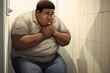 Big fat obese boy hiding in school toilet fear of bullying by classmates