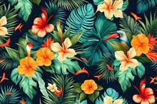 Tropical Exotic Pattern With Animal And Flowers In Bright Colors And Lush Vegetation. Ai Generative.