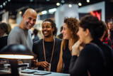 Fototapeta  - Close up picture of a happy and laughing staff or participant people group listening to a startup business owner at a trade show exhibition event. Generative AI.