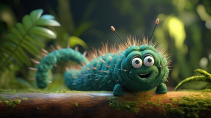 Wall Mural - A cute green caterpillar with a cheerful smile. Generative AI.