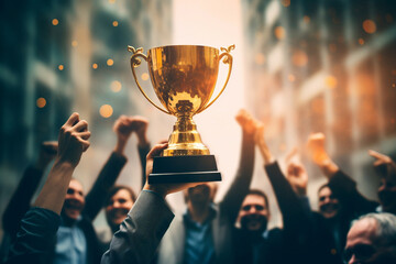 Happy worker team in office holding a golden trophy to celebrate succession of a big project with a sunset light effect background. Generative AI.