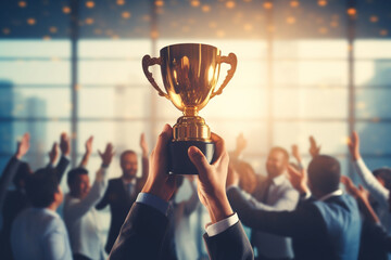 Happy worker team in office holding a golden trophy to celebrate succession of a big project with a sunset light effect background. Generative AI.