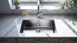 A modern kitchen sink with a sleek faucet and a view of the outdoors. Generative AI.