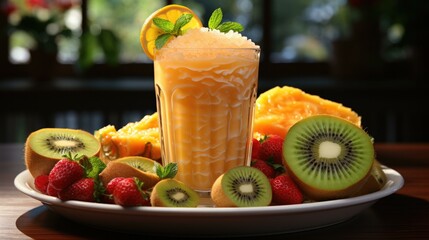 Poster - A refreshing blend of exotic fruit smoothie with a coconut garnish on a table. Generative AI.