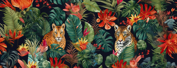 Tropical exotic pattern with animal and flowers in bright colors and lush vegetation. Ai Generative.