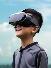 Canvas Print - A young boy joyfully explores a virtual reality world with a  headset. Generative AI.