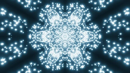 Poster - Kaleidoscope of glowing flying stars. Design. Pulsating ornament pattern with spreading particles.