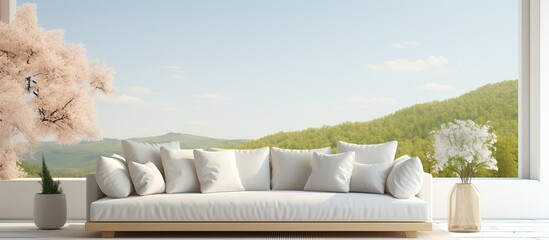 Scandinavian style illustration of a white room with a sofa and a view of a green landscape through the window