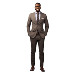 Wall Mural - Portrait of Happy smiling African American businessman ceo wearing suit standing posing, Full body, isolated on white background, png