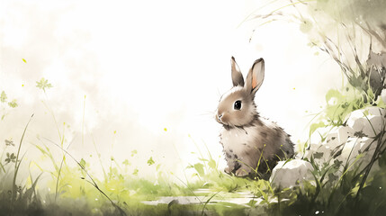 Hand drawn ink illustration of rabbit in the grass in spring
