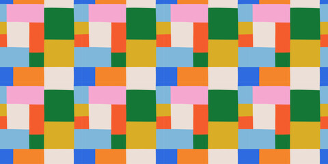 colorful hand drawn patchwork flat cartoon seamless pattern. handmade patch work quilt style backgro