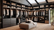Stylish walk-in closet with organized shelves, drawers, and hanging space for clothing and accessories