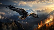 Bald Eagle Soaring Through Wintry Mountain Landscape