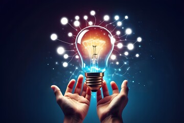 Wall Mural - Businessman hand holding light bulb and smart brain inside and innovation icon network connection, innovative technology in science and artificial intelligence technology.