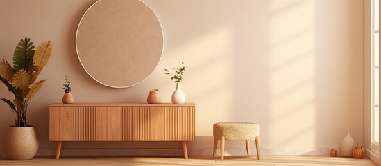 Wall Mural - Cozy apartment with modern furniture and decor. Wooden table with plant, candle by mirror, near wardrobe.