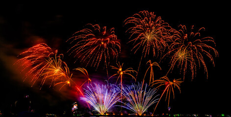 Fireworks show under defocus or blur concepts with isolated black background at night, this celebration is for the International Fireworks Festival in Pattaya on Nov 24-25 in Thailand