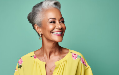 old happy smiling Beautician on solid color background