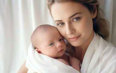 Portrait pretty woman holding a newborn baby