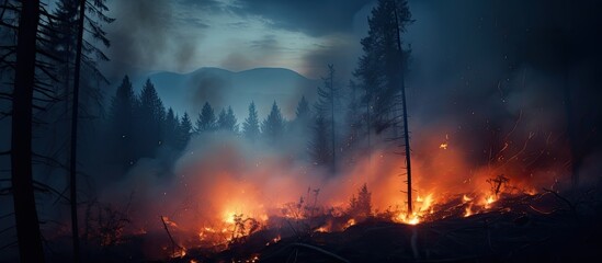 Poster - Forest fire at night with smoke.