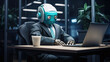 © Nick - a robot sitting at a desk in front of a laptop represent a boring work life
