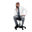 Businessman, thinking and idea for decision, office chair and isolated on transparent png background. Concentration, vision and contemplate with solution mindset, wondering and strategy for problem