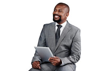 Poster - Businessman, tablet and smile or thinking, internet and networking or digital technology. Black male person, information and planning or research, app and isolated on transparent png background