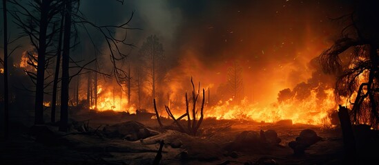 Canvas Print - Burning forest turns into emergency tragedy as smoke billows.