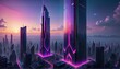 Minimalist, futuristic skyscrapers, towering above a bustling cityscape. The background is filled with a symphony of vibrant, contrasting hues, blending neon pinks and blues with deep purples.