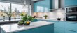 Cozy well designed teal blue and white modern kitchen interior details
