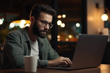 Poster - Man sitting at table using laptop computer. Suitable for technology-related articles or business presentations