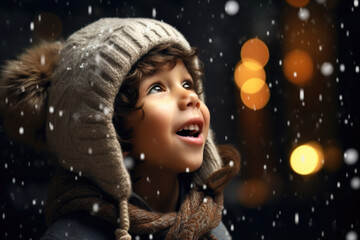 Wall Mural - Young child wearing hat and scarf in snow. Perfect for winter-themed projects