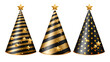 © mustak - Party hats with gold and black stripes, dots and stars for birthday celebration. Vector realistic set of funny cone head caps with golden ribbons for holidays and festive. generative ai.