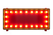© mustak - Red retro billboard lightbox or blank shining signboard with yellow glowing neon light bulbs 3D rendering. generative ai.