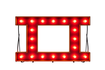 Red retro billboard lightbox or blank shining signboard with yellow glowing neon light bulbs 3D rendering. generative ai.