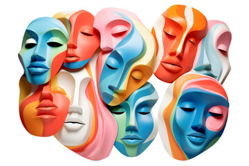 Wall Mural - Set of abstract colorful faces, 3d render. generative ai.