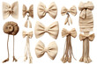 Set of beige canvas, rope and raffia bows isolated on white background. generative ai.