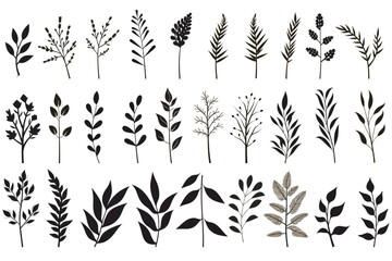 set of silhouettes of branches and leaves. hand drawn vector botanical elements. generative ai.