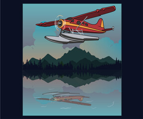 Wall Mural - sea plane on mountain lake vector illustration, mountain lake adventure, Colorado travel artwork for t shirt, sticker, graphic print, luxury trip vector, family trip 