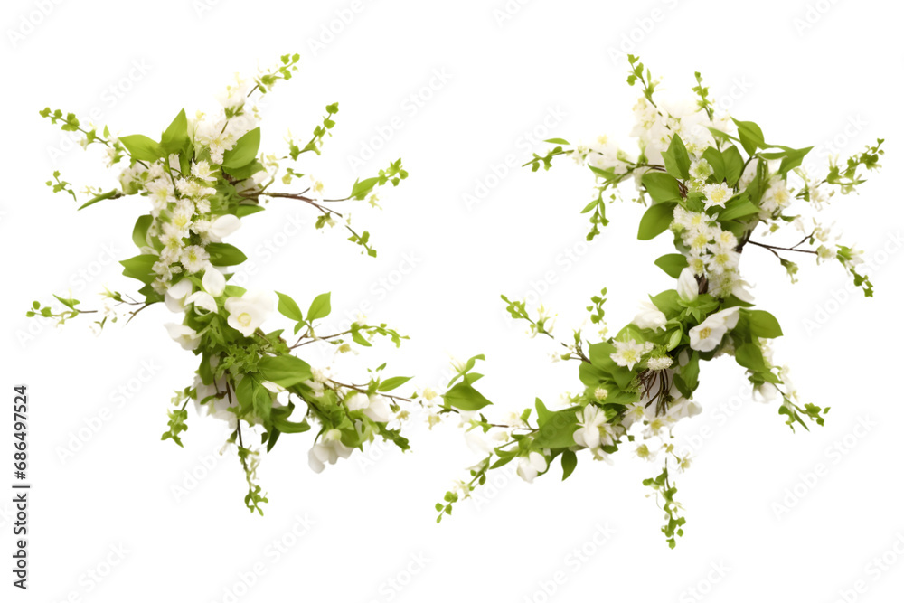 Spring twigs of spirea with small green leaves, flowers and buds in a ...