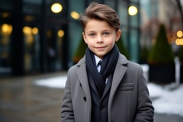 Wall Mural - portrait of little boy in coat and scarf at the city street