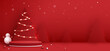 Podium shape for show cosmetic product display for christmas day or new years. Stand product showcase on red background with tree christmas. vector design.