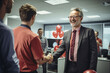 © Surachetsh - A new male employee gets a warm welcome from an office manager and other staff on the first day of a meeting, a welcome celebrating party for new staff at an office company. Generative AI.
