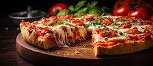 Chicago Deep Dish Italian Cheese Pizza With Tomato Sauce.