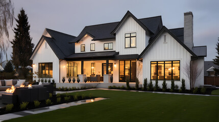 Beautiful modern farmhouse style luxury home exterior at twilight. generative ai.