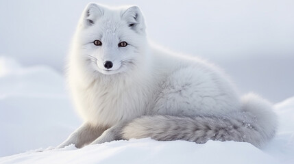 Canvas Print - White arctic fox Vulpes Lagopus in the snow in the Arctic. Snow Fox lying on Arctic. generative ai