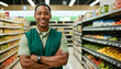 An African American Seller Standing at Supermarket With Arms Crossed.