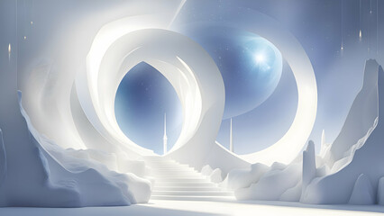 Wall Mural - 3d rendering of a white room with a white stairs leading to the moon