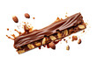 Chocolate bar or stick falling with choc flake in the air isolated on transparent background, dessert sweet concept, piece of dark chocolate.